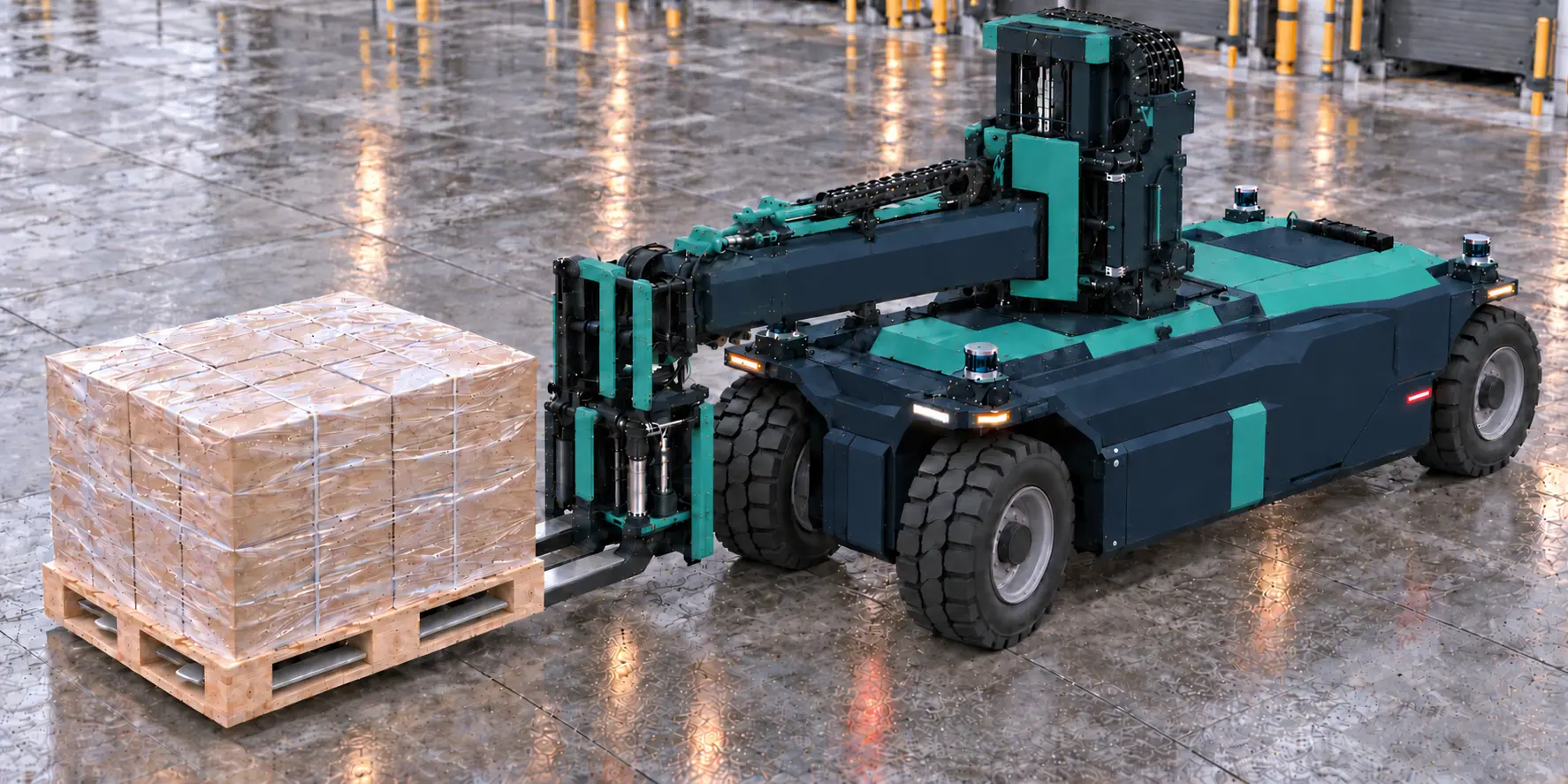 YardLift Roboter transportiert eine eingewickelte Palette über einen Lagerhallenboden